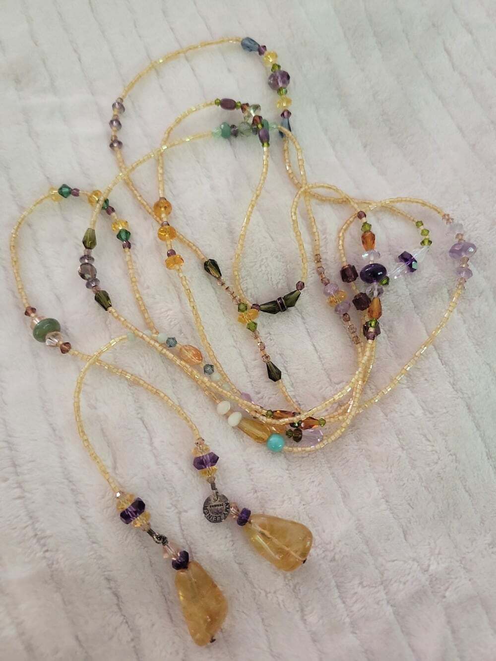 Amy Leiner Designs 73" tie neckless semi precious Stones Gold Crystal Beads